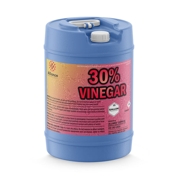 15-gallon HDPE carboy of 30% industrial vinegar solution, white cap closure, and Alliance Chemical branding