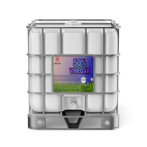 275-gallon IBC tote of 50% concentrated industrial vinegar solution in HDPE tank , Alliance Chemical hazard-labeled container