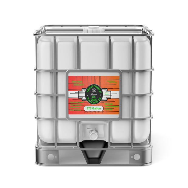 275-gallon IBC tote of ACS-grade pure castor oil in HDPE container , and Alliance Chemical labeling